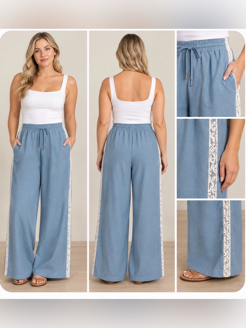 Caroline Constas Chambray Blue Linen Wide Leg Pants Lace Trim Medium NWOT